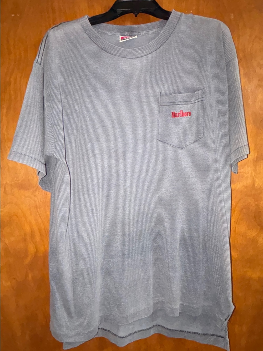Vintage 90’sMarlboro Men's Short Sleeve Pocket Tee in Striped Gray w/logo.